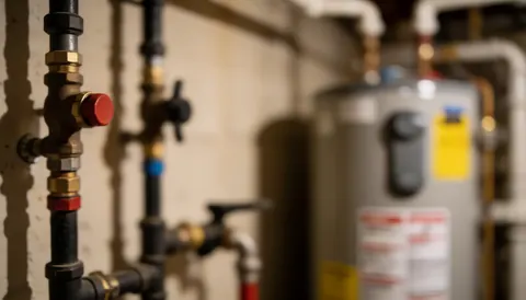 Arrière-plan flou d'un sous-som avec des tuyaux de plomberie et un chauffe-eau, idéal pour superposer du texte sur les services de plomberie.