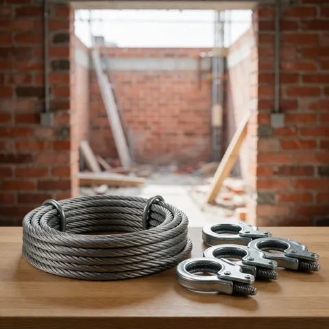 Rouleau de câble métallique et attaches industrielles posés sur une table en bois, avec un arrière-plan flou de briques rouges et de structure métallique.