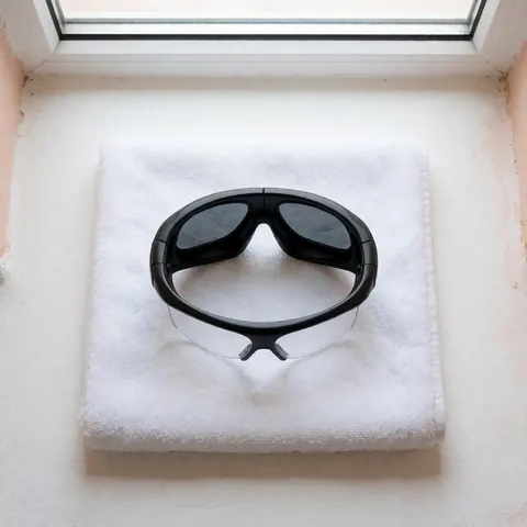Des lunettes de sécurité noires posées sur une serviette blanche, placées près d'une fenêtre laissant entrer la lumière naturelle, évoquant un environnement clinique et hygiénique.