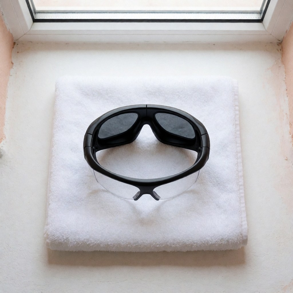 Des lunettes de sécurité noires posées sur une serviette blanche, placées près d'une fenêtre laissant entrer la lumière naturelle, évoquant un environnement clinique et hygiénique.