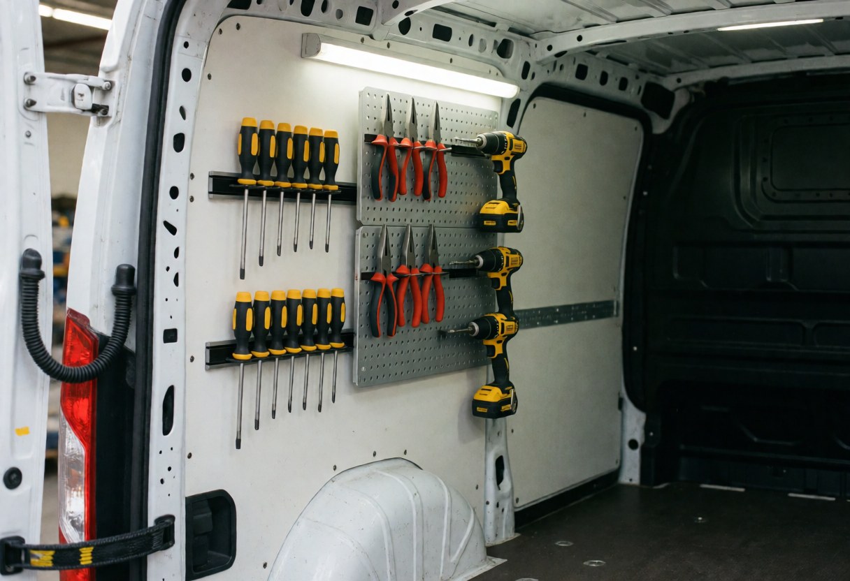 Intérieur d'une camionnette blanche avec outils comme tournevis, pinces et perceuses sur le tableau de bord et supports magnétiques, éclairé par lumière fluorescente.