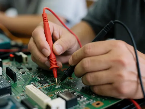 Mains d'un technicien mesurant la tension sur la carte mère d'un téléviseur avec un multimètre, travaillant avec précision sur des composants électroniques.