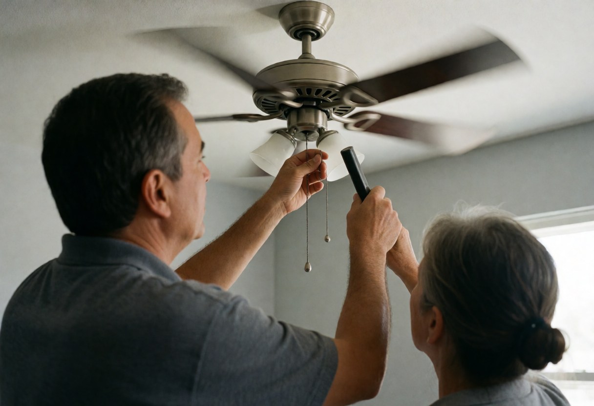 Un homme et une femme ajustent les chaînes d'un ventilateur de plafond en marche dans une pièce aux murs gris.