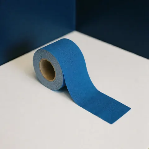 Rouleau de bande sportive bleue avec texture tissée étirable posé sur un fond blanc uni, éclairage professionnel diffus pour la thérapie.