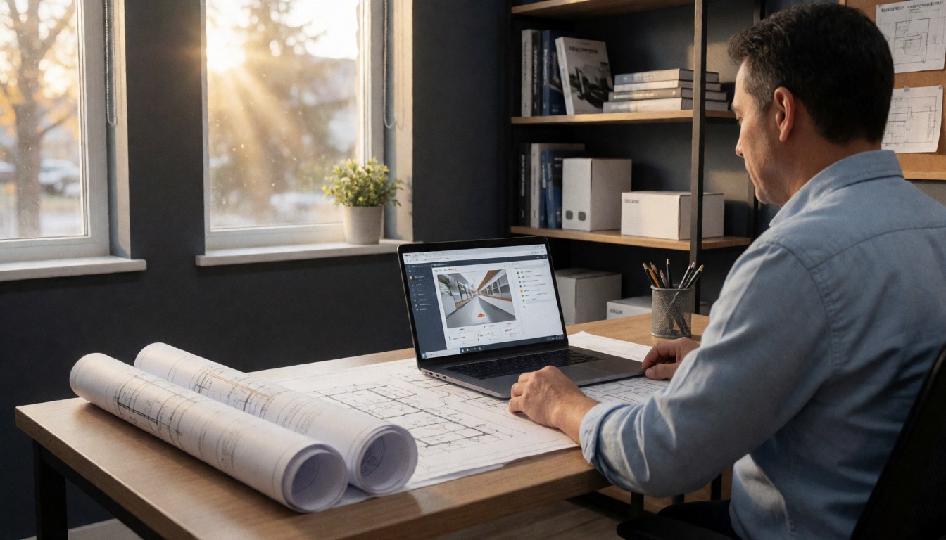 Un technicien en bureau examine des plans architecturaux et configure un logiciel cctv sur un ordinateur portable avec lumière naturelle par la fenêtre.