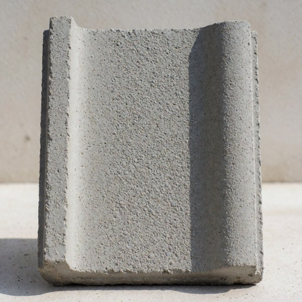 Tuile rectangulaire en béton gris présentant une texture granulaire détaillée, éclairée par la lumière naturelle.