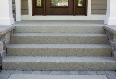Escaliers en béton avec bordure en pierre, porte en bois avec panneau de verre, éclairage naturel, porche propre et sans personnes.