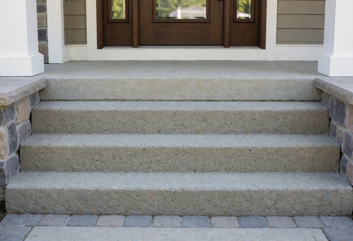 Escaliers en béton avec bordure en pierre, porte en bois avec panneau de verre, éclairage naturel, porche propre et sans personnes.