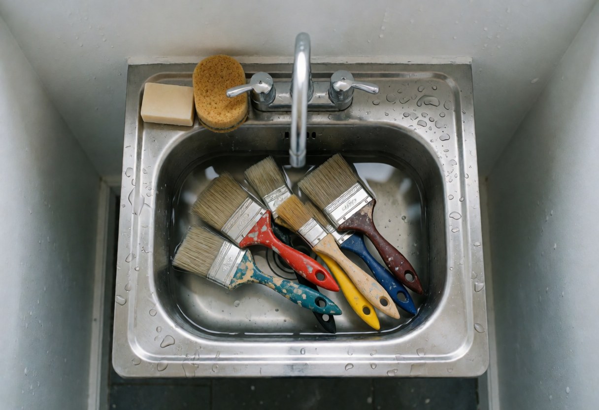 Évier en acier inoxydable contenant des pinceaux de peinture usagés trempés dans de l'eau savonneuse, avec du savon et une éponge posés sur le rebord et des gouttes d'eau visibles sur la surface métallique.