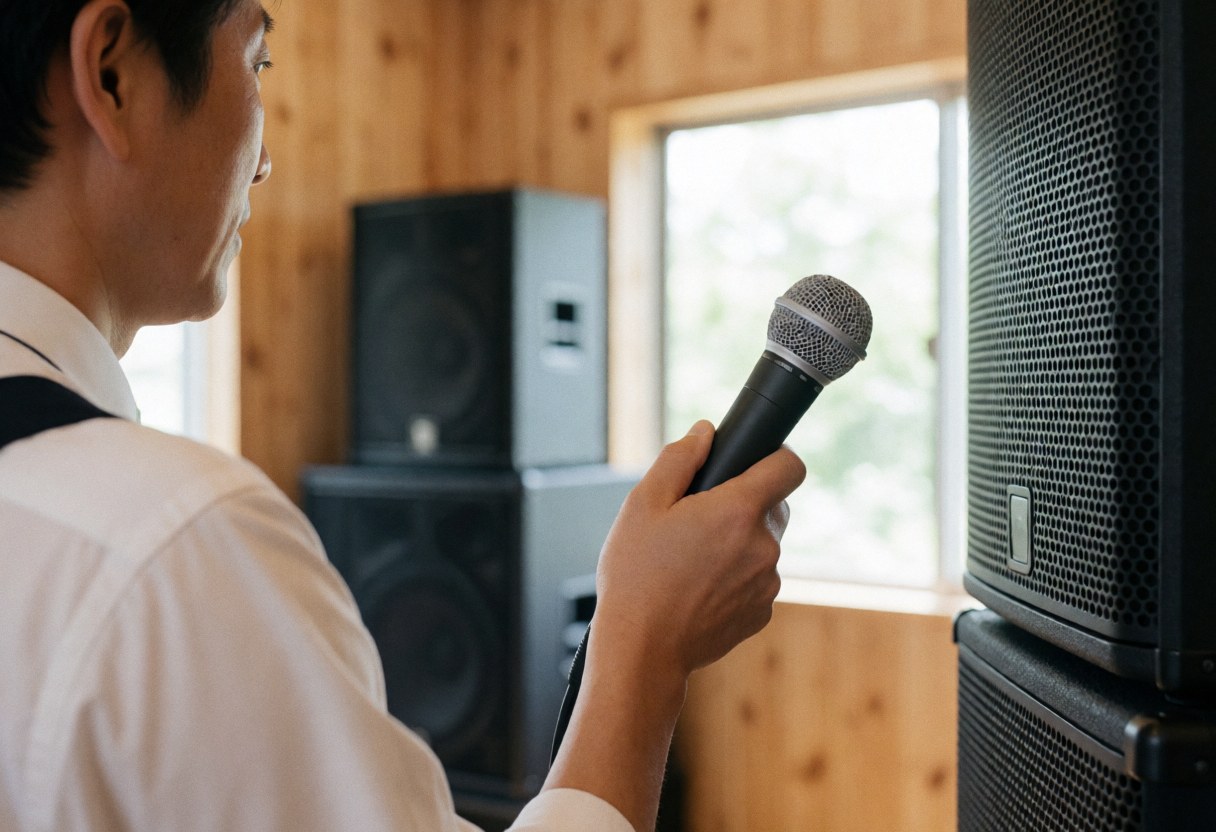 Un technicien du son ajuste un microphone dynamique noir à proximité d'un haut-parleur dans une salle aux murs en bois et éclairée par la lumière naturelle.