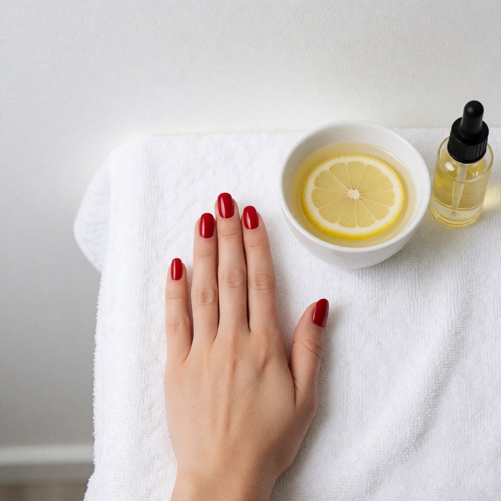 Une main avec des ongles vernis en rouge brillant repose sur une serviette blanche, accompagnée d'un bol d'eau, de tranches de citron et d'une bouteille d'huile pour cuticules.