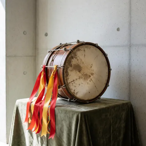 Batterie de murga ornée de rubans rouges et jaunes posée sur une table recouverte de velours dans un studio aux murs en béton.