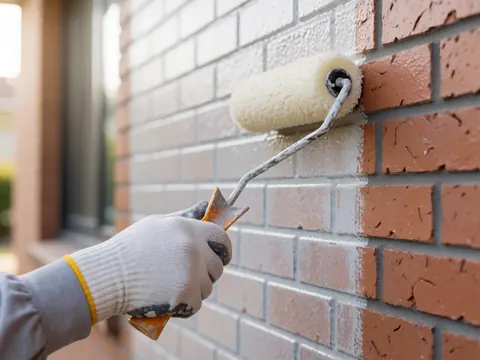 Gros plan d'une main portant un gant de protection utilisant un rouleau pour appliquer un revêtement sur une paroi de briques rouges sous lumière naturelle.