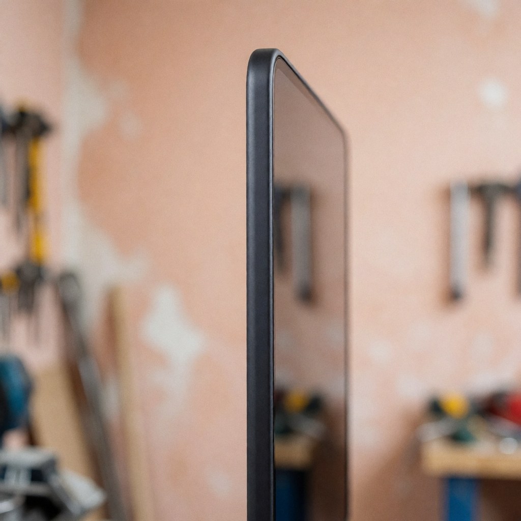 Nouvel écran de téléphone avec bord noir arrondi, vue latérale en atelier avec outils flous sur fond terracotta