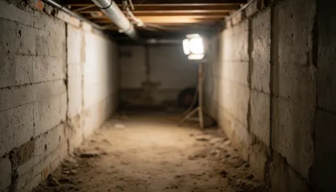 Passage étroit dans un espace de fondation avec des parois en béton brut, un sol en terre battue et une lampe de chantier au fond servant de arrière-plan.