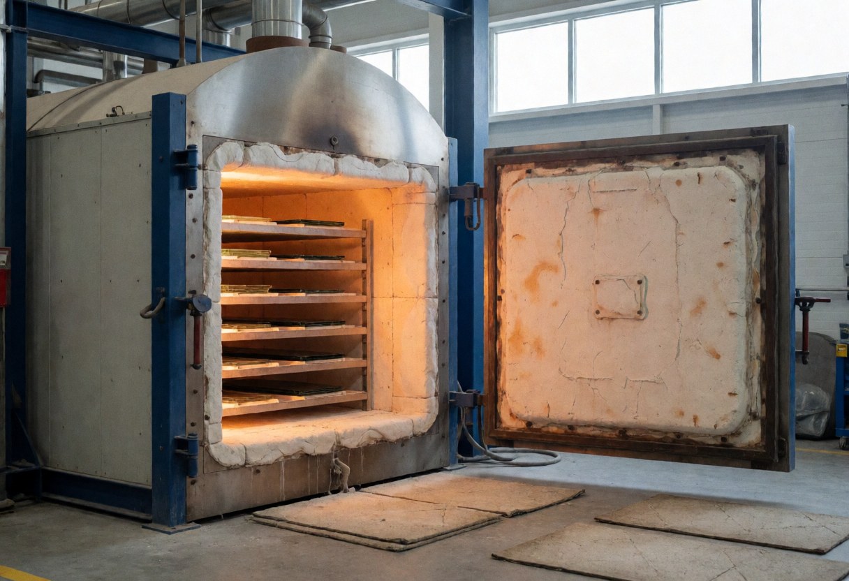 Un four industriel pour la verrerie dont la porte est ouverte, révélant des étagères contenant des pièces de verre en cours de refroidissement, baignées par une lumière chaude intérieure et la lumière naturelle