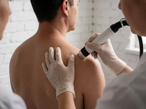 Une main portant un gant médical applique une épilation au laser sur l'épaule d'un client devant un mur de briques blanches.