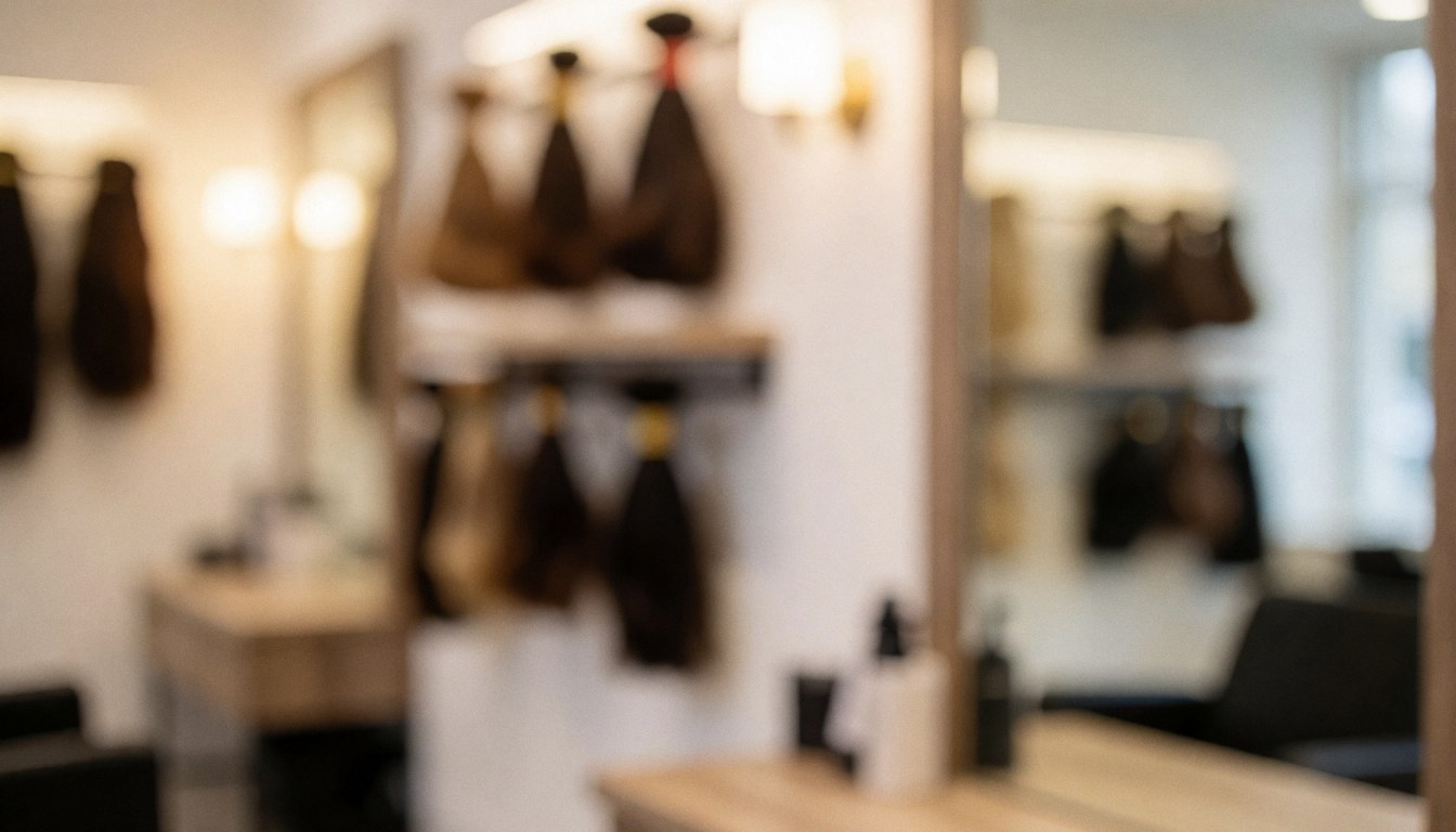 Fond flou d'un salon de coiffure avec des extensions de cheveux sur des cintres, des tables et des miroirs, éclairage chaleureux et professionnel.