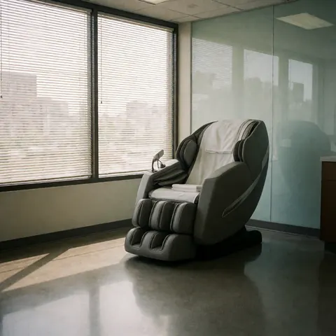 Fauteuil de massage gris avec serviettes blanches dans une salle de repos lumineuse avec fenêtres et lumière naturelle, ambiance professionnelle et calme.
