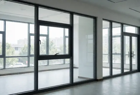 Espace commercial vide avec de grandes fenêtres en aluminium baigné de lumière naturelle, idéal pour un magasin ou un bureau.