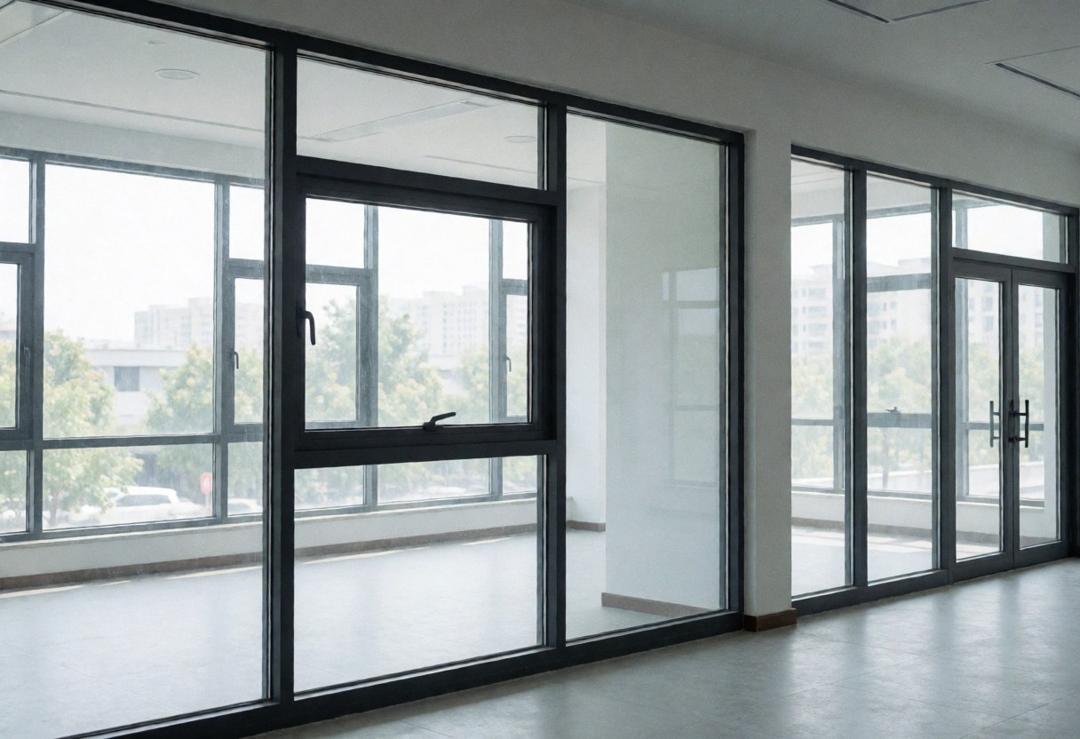 Espace commercial vide avec de grandes fenêtres en aluminium baigné de lumière naturelle, idéal pour un magasin ou un bureau.
