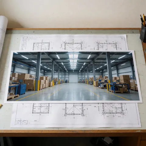 Vue de dessus d'un plan technique détaillé d'un entrepôt industriel posé sur une table de dessin avec des documents de construction et des détails structurels visibles.