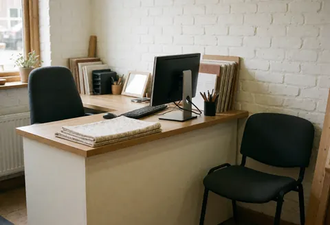 Bureau en bois équipé d'un ordinateur, entouré de chaises noires, de tissus échantillons et d'un mur en briques blanches. Ambiance professionnelle et accueillide.
