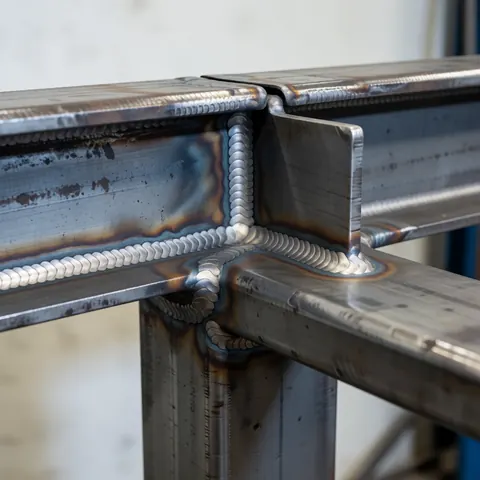 Joints de soudure sur une structure métallique dans un atelier industriel. Surface en acier avec traces d'oxydation et finition polie, sur fond neutre flou.