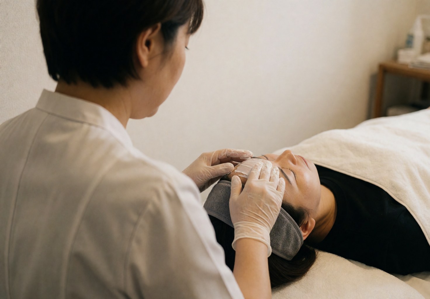 Un thérapeute en gants applique une crème blanche sur le front d'un client allongé. Ambiance calme avec murs blancs et éclairage professionnel.