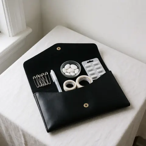 Une pochette de soirée noire est ouverte, révélant son contenu : des pinces à cheveux, du ruban adhésif, des pastilles et des bonbons menthes disposés sur une nappe blanche.