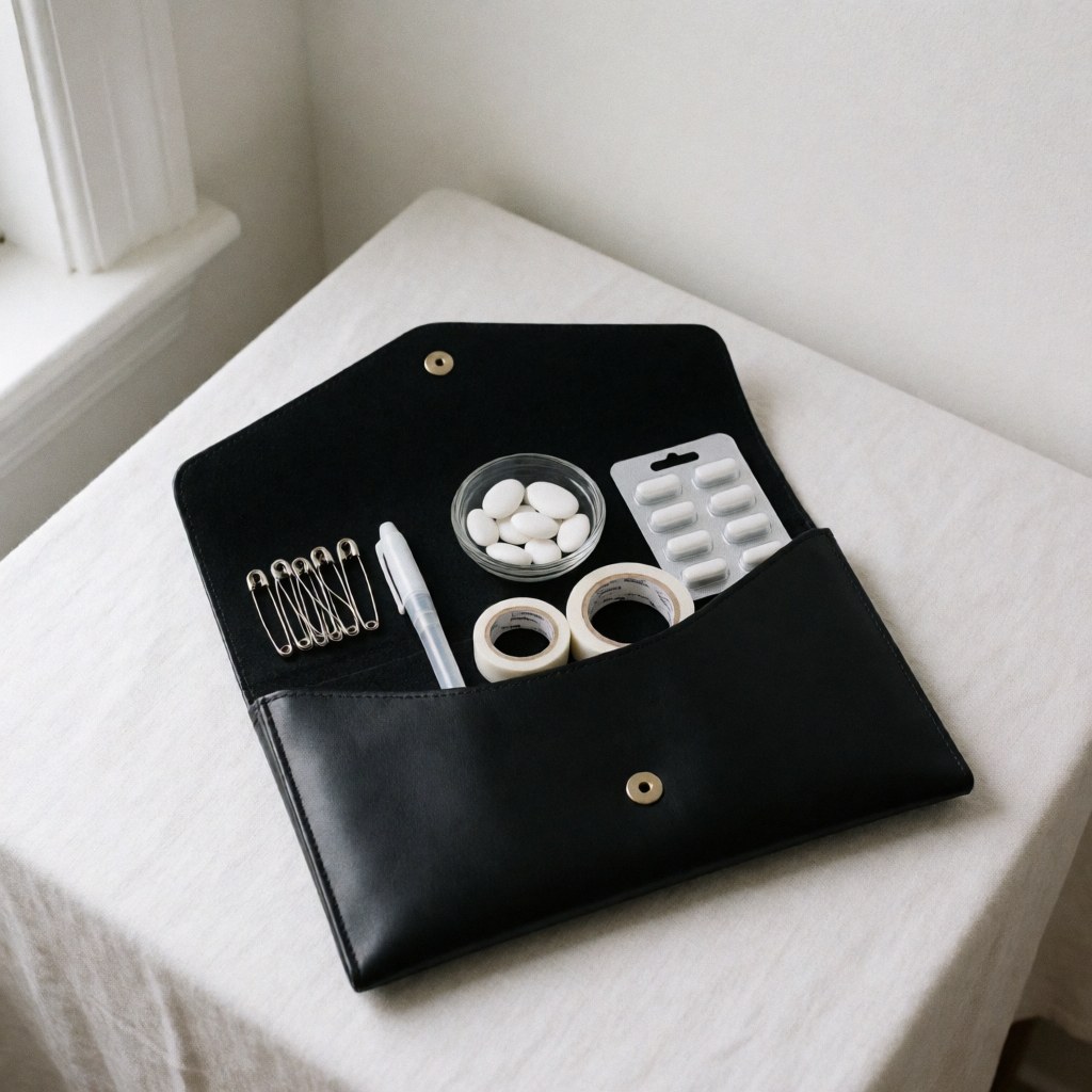 Une pochette de soirée noire est ouverte, révélant son contenu : des pinces à cheveux, du ruban adhésif, des pastilles et des bonbons menthes disposés sur une nappe blanche.
