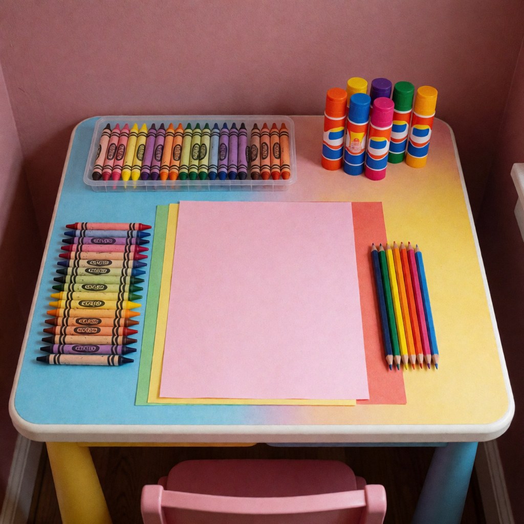 Table d'art pour enfants avec crayons, feutres et papier pastel sur fond rose, éclairage lumineux, idéale pour activités créatives.