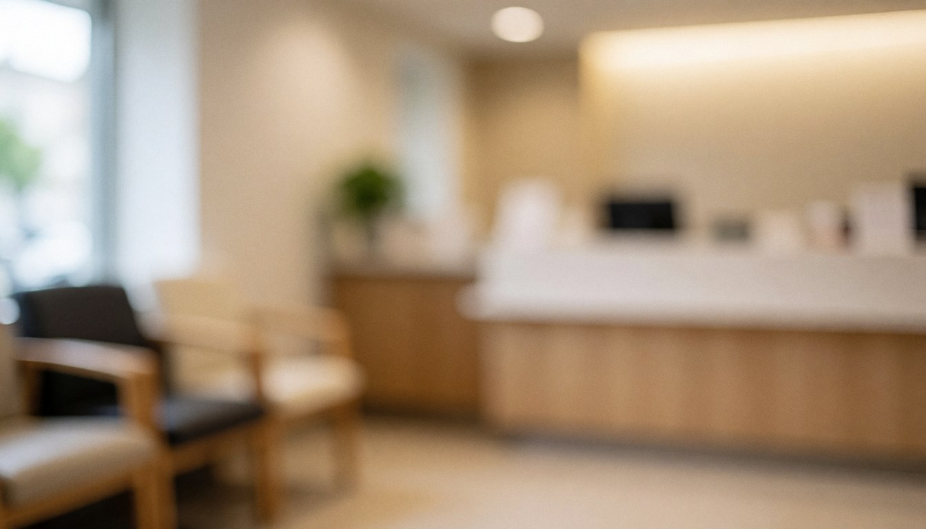 Arrière-plan professionnel et flou d'une salle d'attente avec chaises et comptoir, éclairage chaleureux, idéal pour textes commerciaux