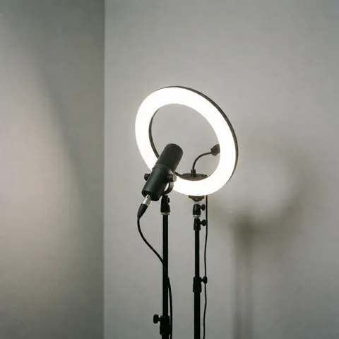 Microphone professionnel sur pied avec éclairage annulaire lumineux sur fond gris neutre pour enregistrement vidéo ou interviews.