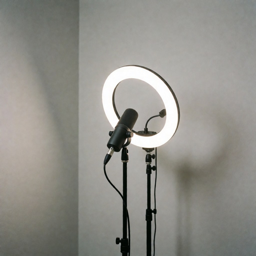 Microphone professionnel sur pied avec éclairage annulaire lumineux sur fond gris neutre pour enregistrement vidéo ou interviews.