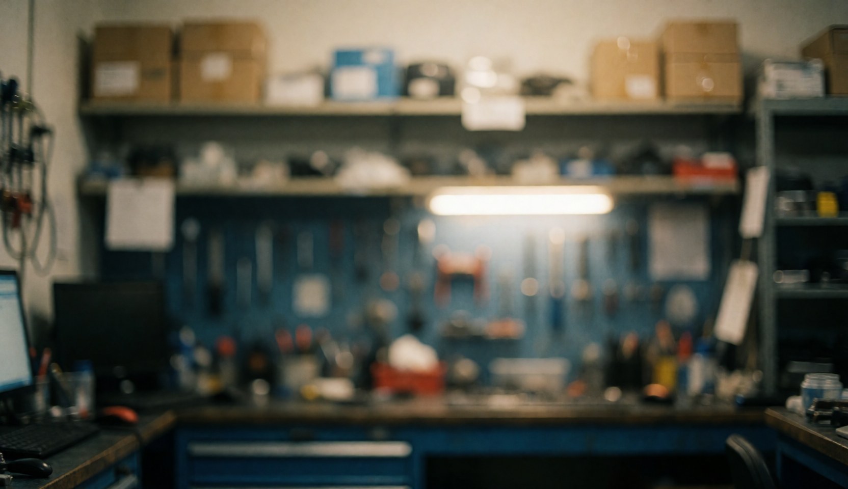 Fond d'atelier avec étagères, outils et un ordinateur au premier plan flou, éclairage chaud aux tons bleus et gris.