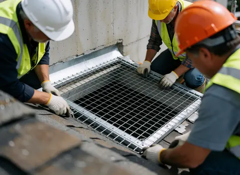 Trois ouvriers en équipements de sécurité posent une grille de ventilation sur un toit en tuiles, avec un mur en béton en arrière-plan.