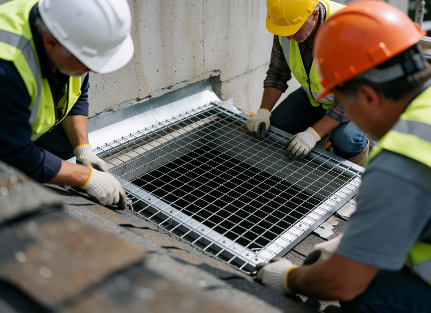Trois ouvriers en équipements de sécurité posent une grille de ventilation sur un toit en tuiles, avec un mur en béton en arrière-plan.