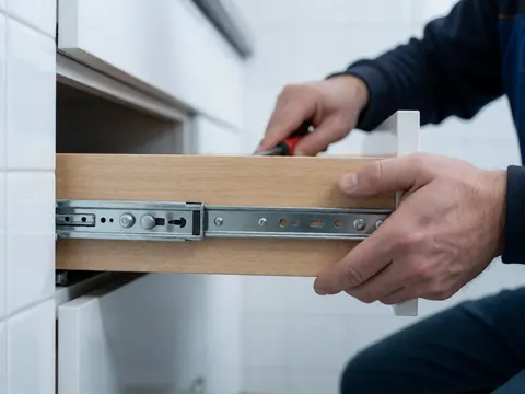 Un technicien ajuste le mécanisme métallique d'un tiroir de cuisine avec un outil, sur un fond de murs carrelés blancs, avec un focus sur les mains et les accessoires.