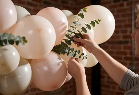 Un décorateur professionnel ajuste des branches de eucalyptus frais sur un grand arc de ballons dans une salle intérieure aux murs en briques apparentes.
