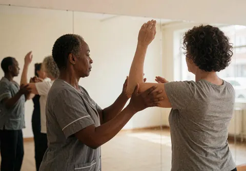 Une instructrice guide la posture du bras de son élève dans un studio de danse lumineux avec des miroirs et un sol en bois.