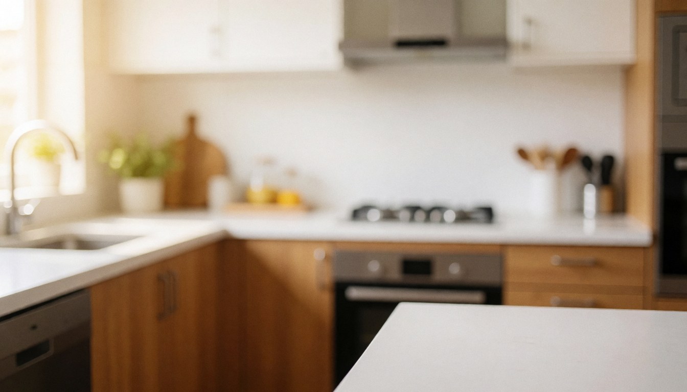 Intérieur de cuisine contemporaine affichant un comptoir blanc lumineux et des armoires en bois, avec des appareils électroménagers intégrés sur un fond flou idéal pour du texte publicitaire.