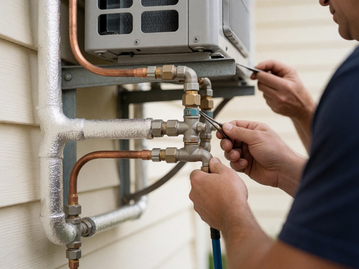 Des tuyaux de cuivre isolés reliés à une unité de condensation de pompe à chaleur, avec des mains ajustant une valve sur un fond de mur extérieur flou.