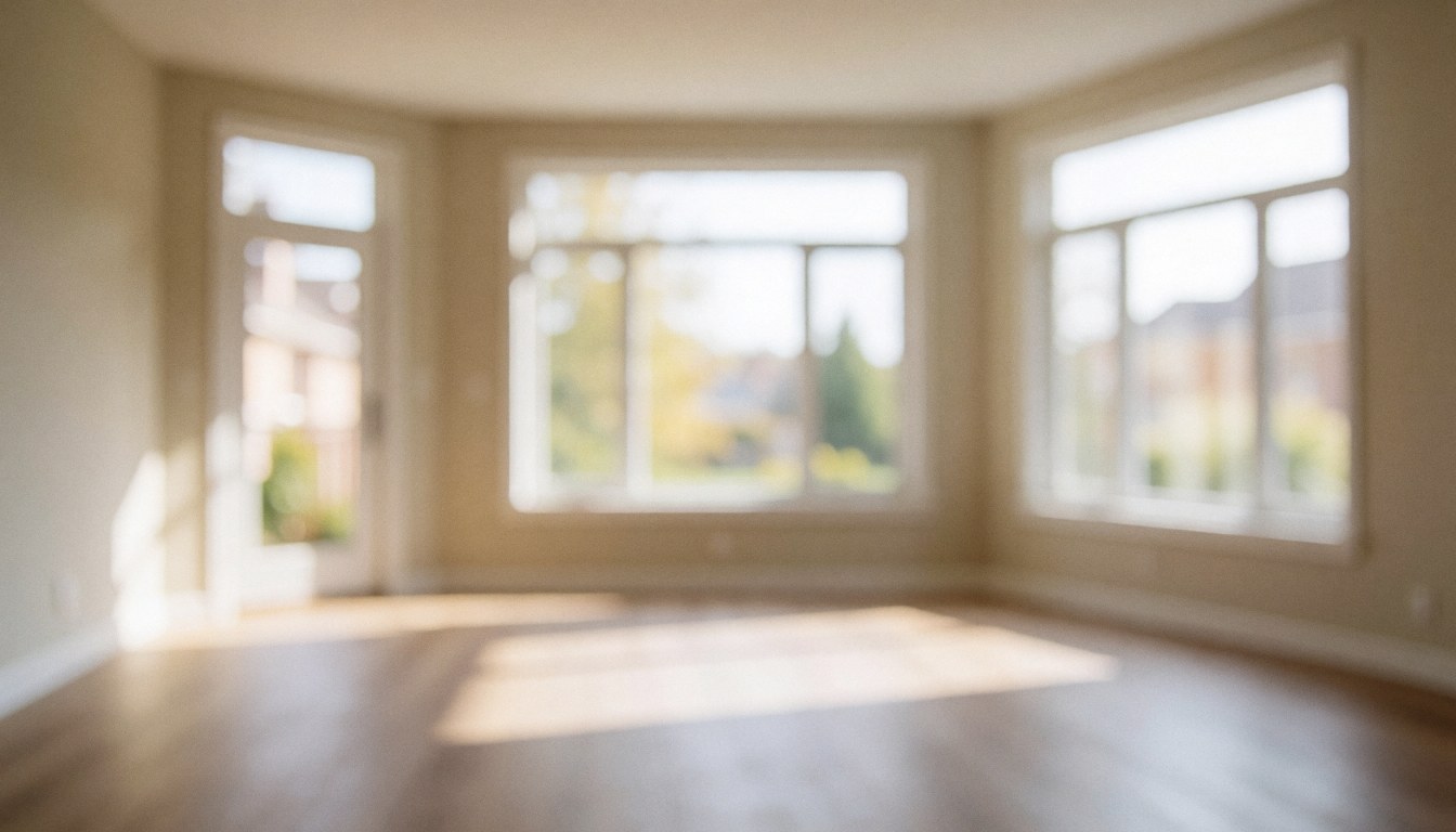 Salon vide et dégagé avec sol en bois, grandes fenêtres et lumière naturelle douce, idéal pour textes et projets de pose de sols.