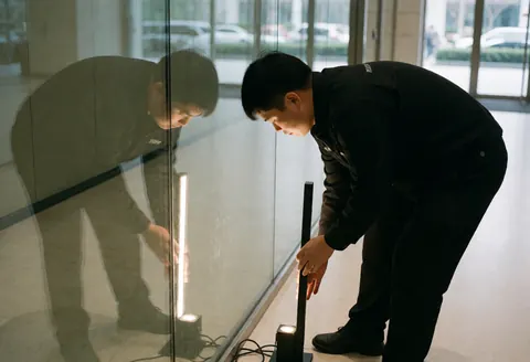 Un technicien en uniforme noir règle un projecteur LED vertical près d'un mur vitré. Le reflet montre un couloir moderne avec éclairage professionnel.