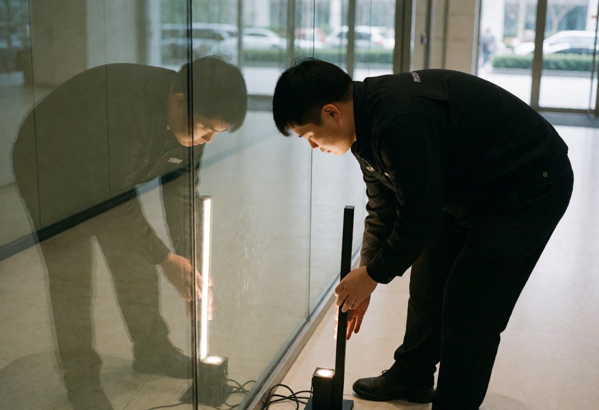 Un technicien en uniforme noir règle un projecteur LED vertical près d'un mur vitré. Le reflet montre un couloir moderne avec éclairage professionnel.
