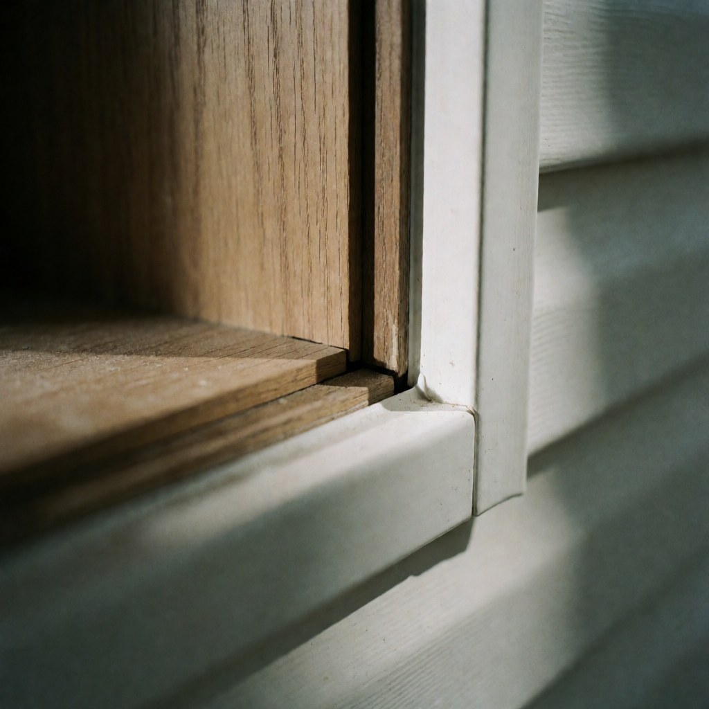 Gros plan sur la jonction entre un encadrement en bois et un profilé blanc en vinyle, mettant en valeur la texture naturelle du bois et la qualité de l'assemblage sous une lumière douce.