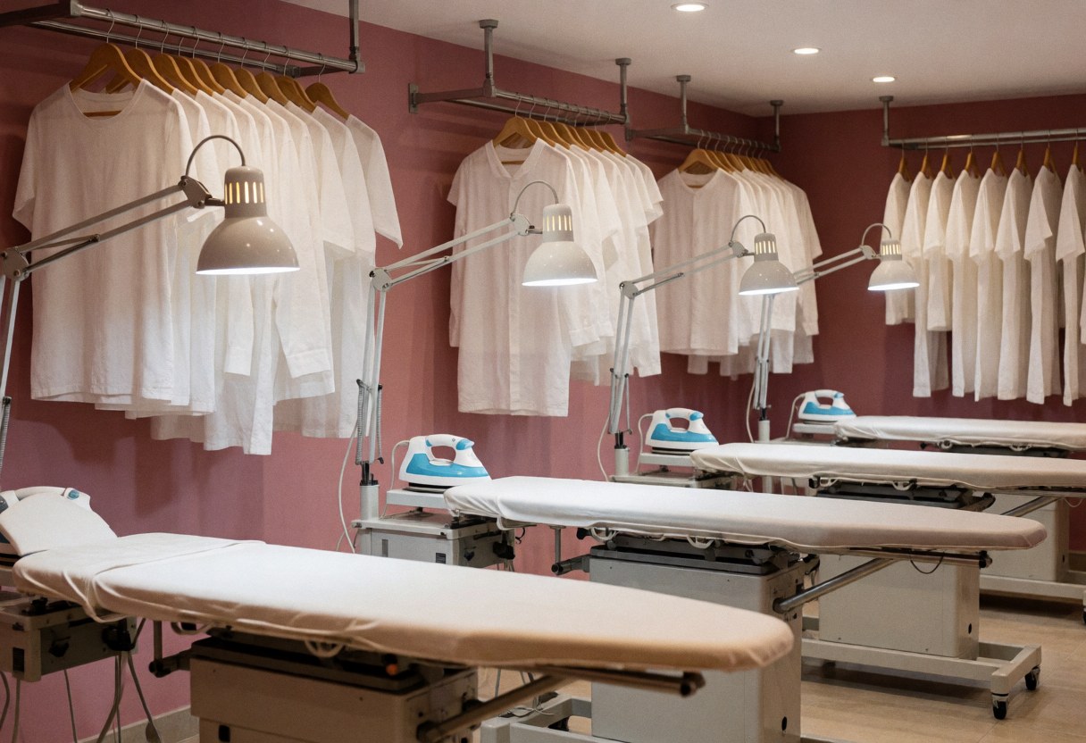Espace de blanchisserie avec tables à repasser, cintres portant des chemises blanches, éclairage professionnel et murs roses.