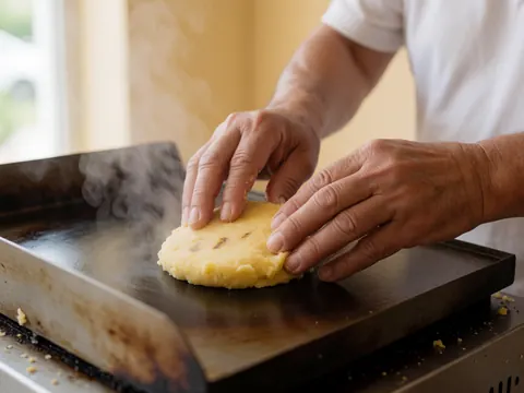 Des mains d'adulte façonnent une arepa en maïs sur une plancha chaude émettant de la vapeur, dans une cuisine aux murs beige.