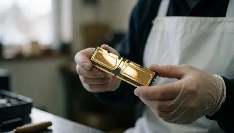 Un technicien en tablier blanc tient une barrette de mémoire RAM dorée avec des gants dans un atelier de réparation d'ordinateurs.